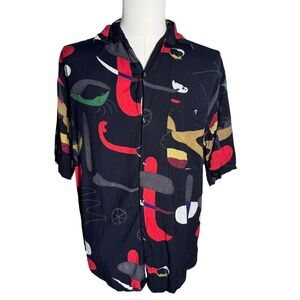 GOOUCH Mens Medium Black Vintage 90s Abstract Art Print Rayon Short Sleeve Shirt